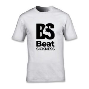 A white t-shirt with the words " beat sickness ".