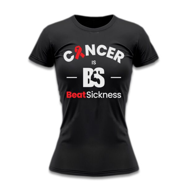 A black t-shirt with the words " cancer is bs " on it.