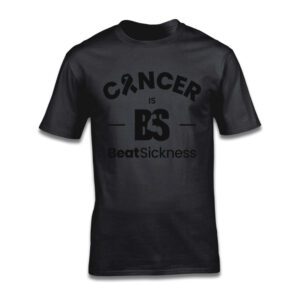 A black t-shirt with the word cancer and a logo.