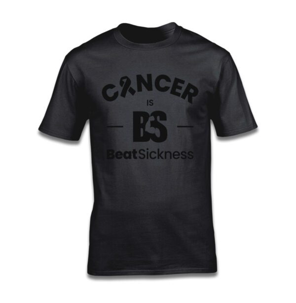 A black t-shirt with the word cancer and a logo.