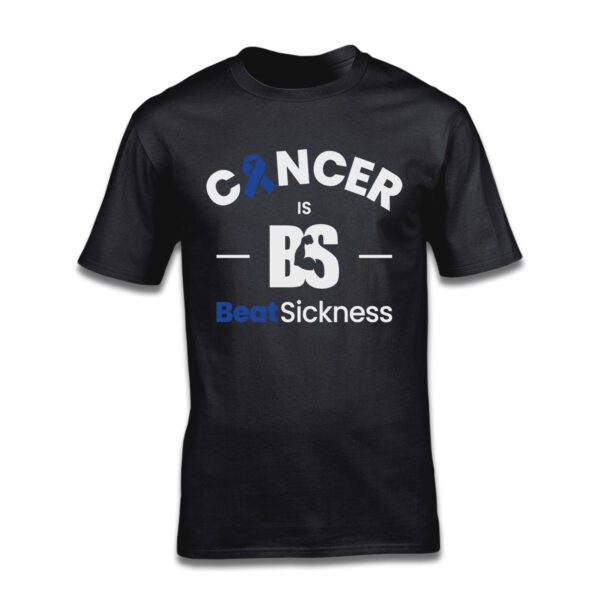 A black t-shirt with the words " cancer is bs ".