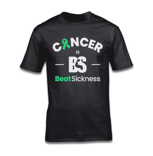 A black t-shirt with the words " cancer is bs " and " boat sickness ".