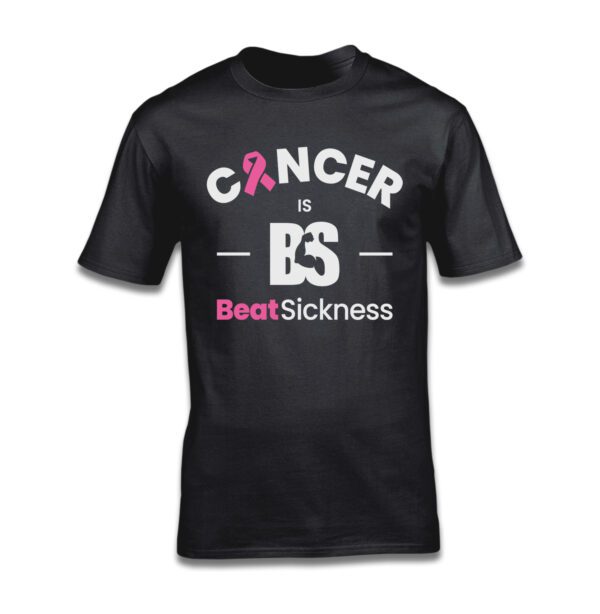 A black t-shirt with the words " cancer is bs " and " beat sickness ".