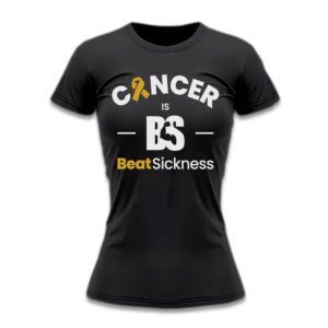 A black t-shirt with the words " cancer is bs " and " boot sickness ".