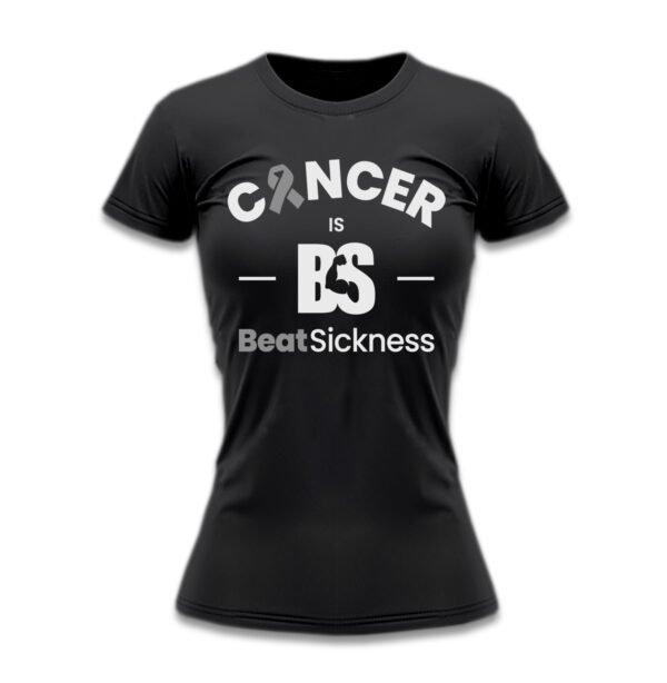 A black t-shirt with the words " cancer is bs ".