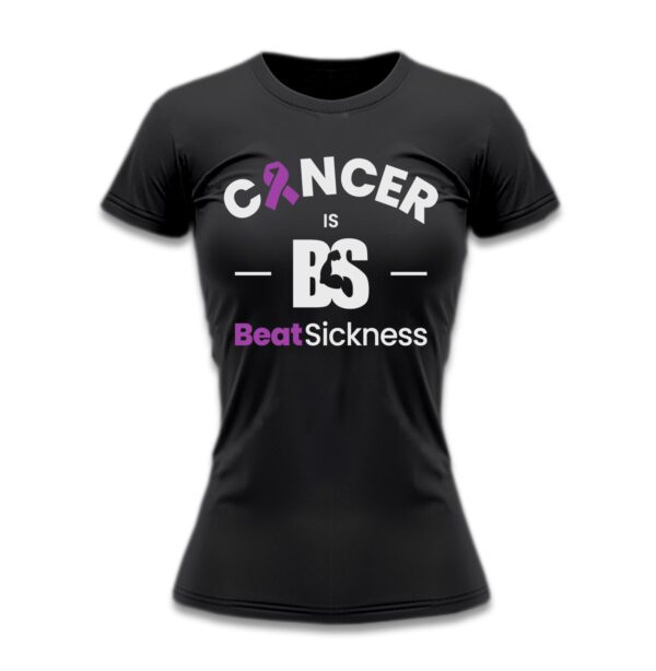 A black t-shirt with the words " cancer is bs ".