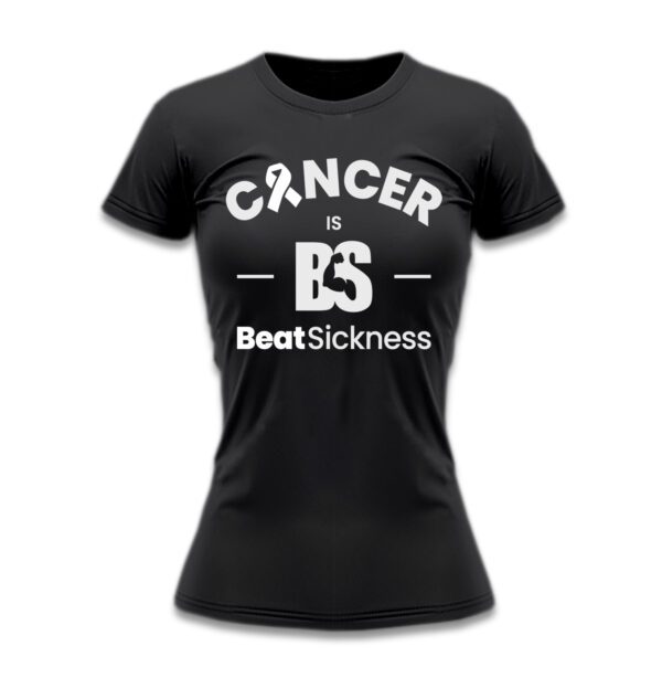 A black t-shirt with the words " cancer is bs " on it.