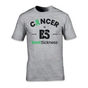 A gray t-shirt with the words " cancer is bs " and " seal sickness ".