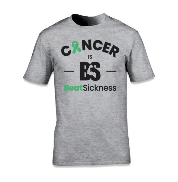 A gray t-shirt with the words " cancer is bs " and " seal sickness ".