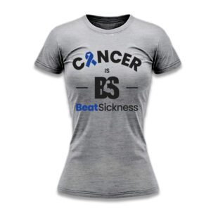 A gray t-shirt with the words " cancer is bs " and " beatsickness ".