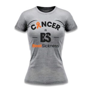 A gray t-shirt with the words " cancer is bs ".