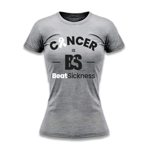 A women 's t-shirt with the words " cancer is bs " on it.