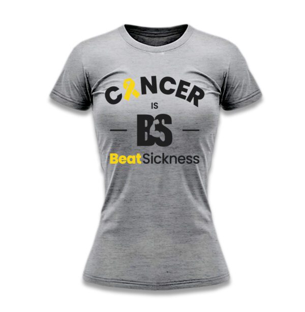 A gray t-shirt with the words " cancer is bs " on it.