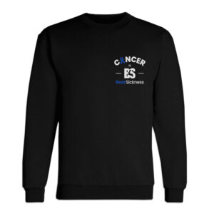A black sweatshirt with the word cancer and a blue ribbon.