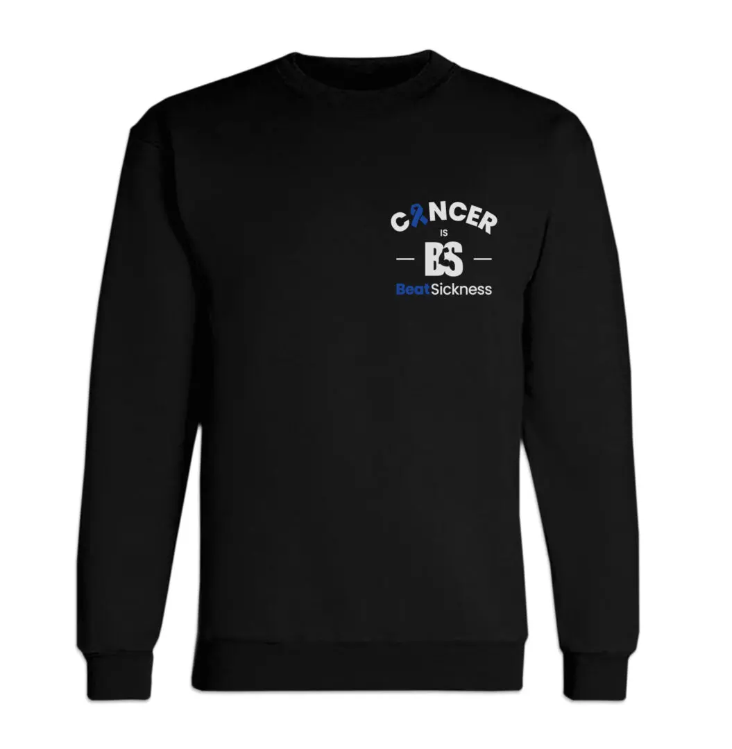 A black sweatshirt with the word cancer and a blue ribbon.