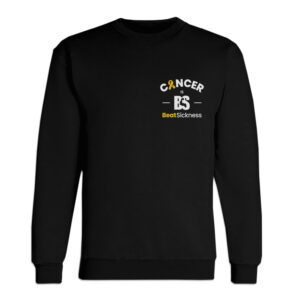 A black sweatshirt with the word cancer and a logo.