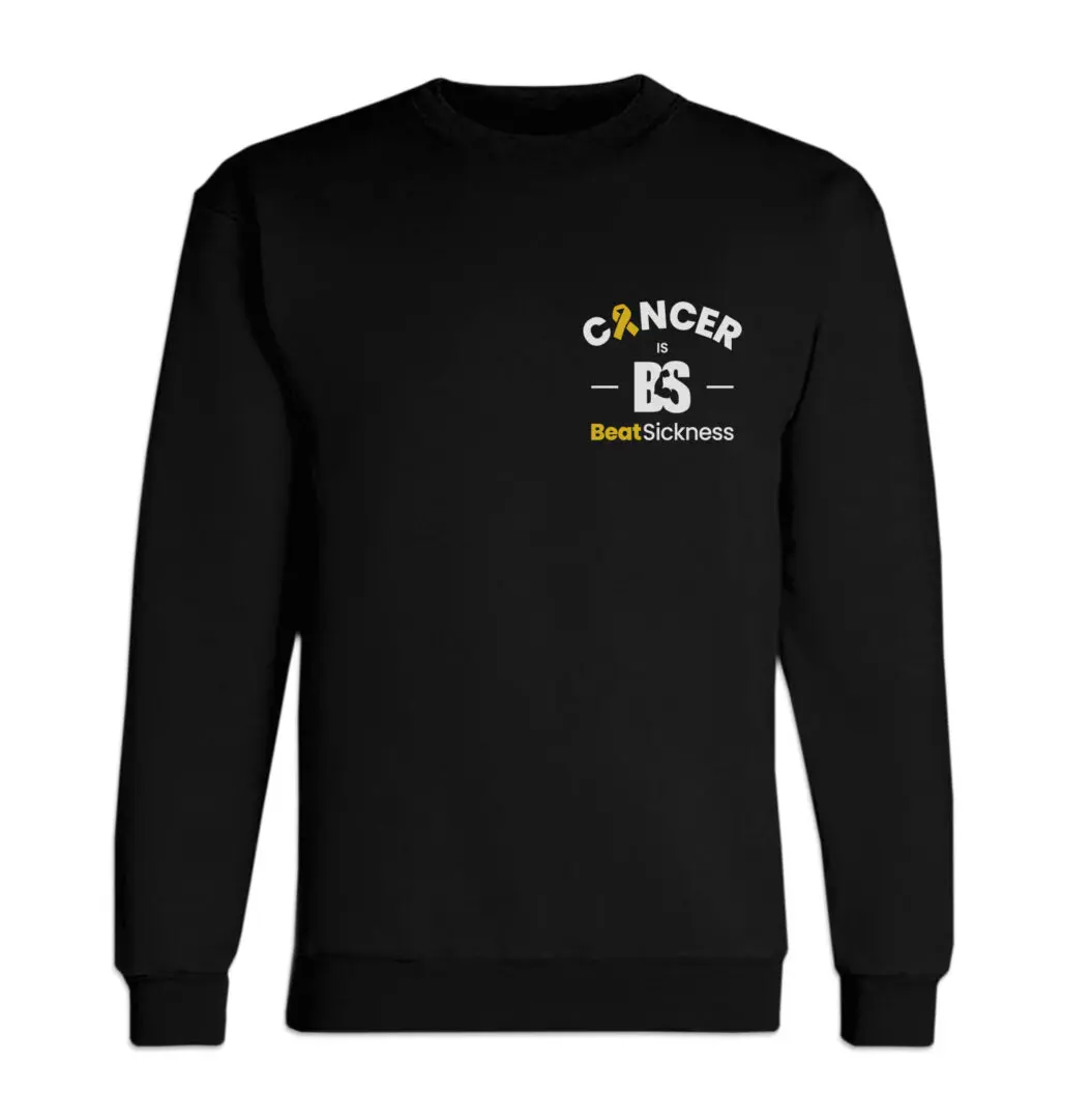 A black sweatshirt with the word cancer and a logo.