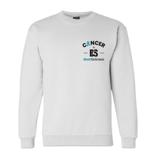 A white sweatshirt with the word cancer on it.