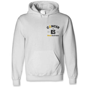A white hoodie with the word cancer and an es on it.
