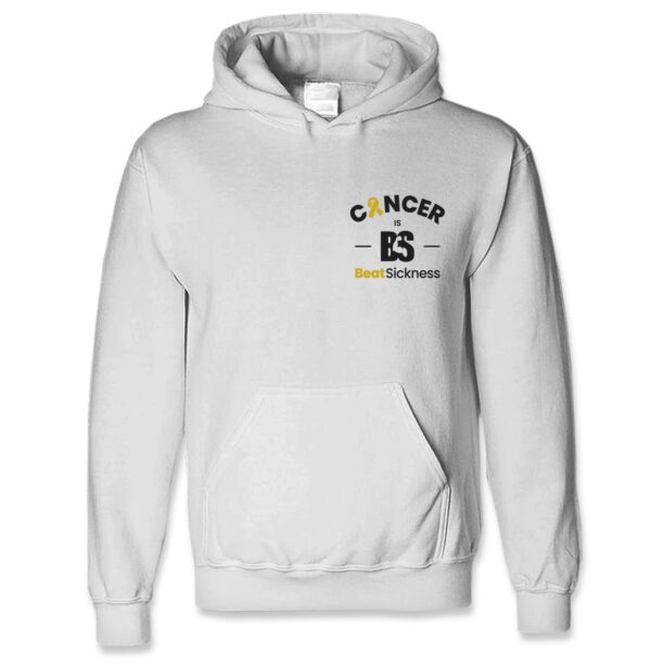 A white hoodie with the word cancer and an es on it.