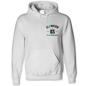 A white hooded sweatshirt with the word cancer and es on it.