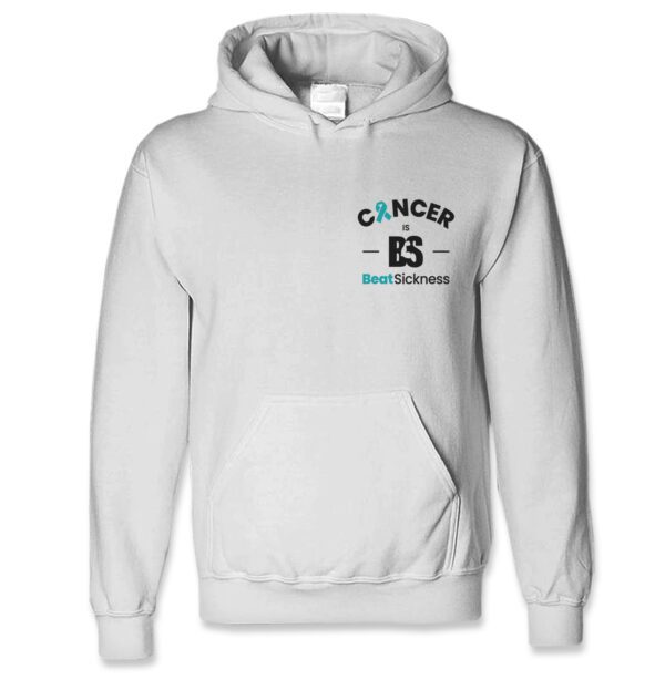 A white hooded sweatshirt with the word cancer and es on it.