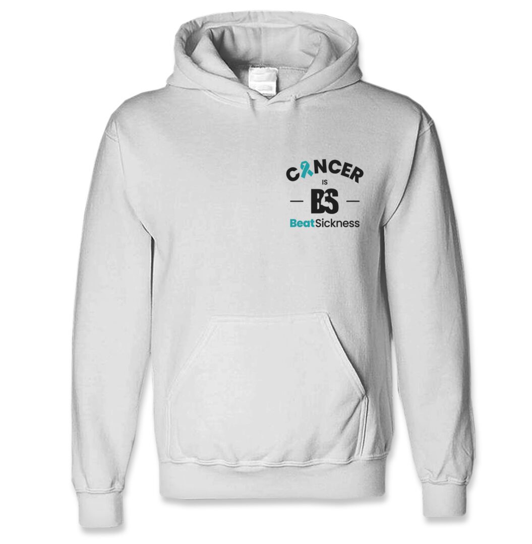 A white hooded sweatshirt with the word cancer and es on it.