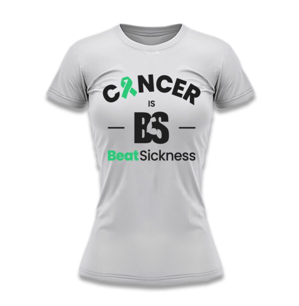 A white t-shirt with the words " cancer is bs " on it.