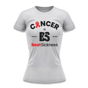 A white t-shirt with the words " cancer is bs " and " beat sickness ".