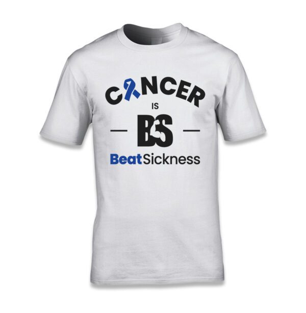 A white t-shirt with the words " cancer is bs " and " beatsickness ".