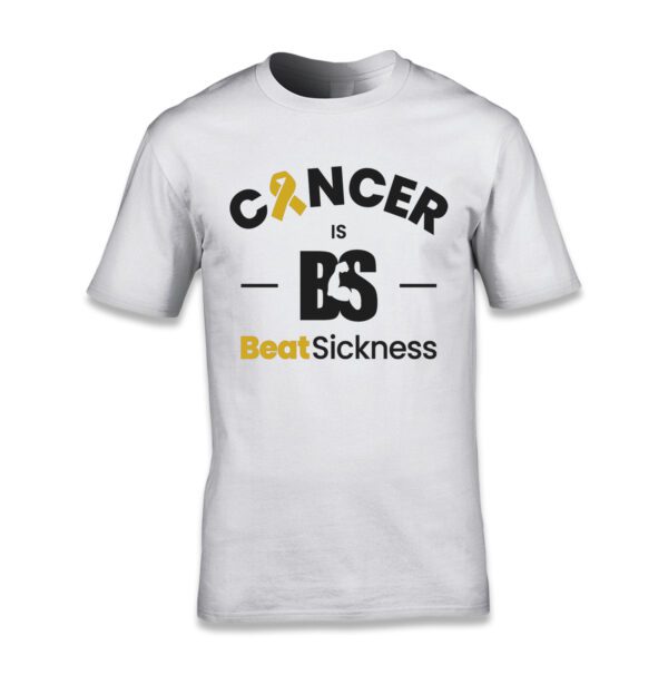 A white t-shirt with the words " cancer is bs " and " beatsickness ".