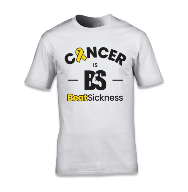 A white t-shirt with the words " cancer is bs ".