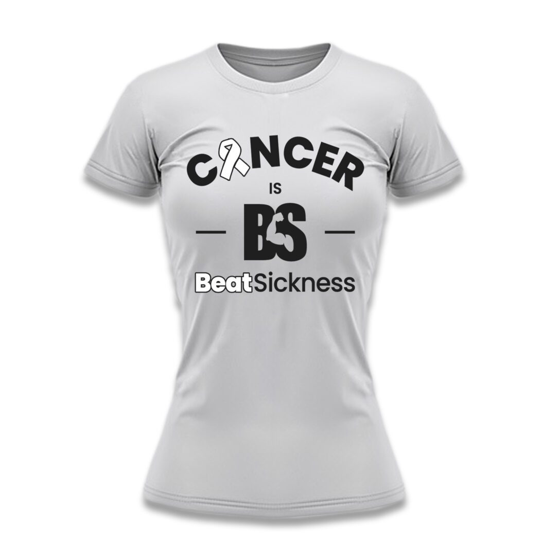 A white t-shirt with the words " cancer is bs ".