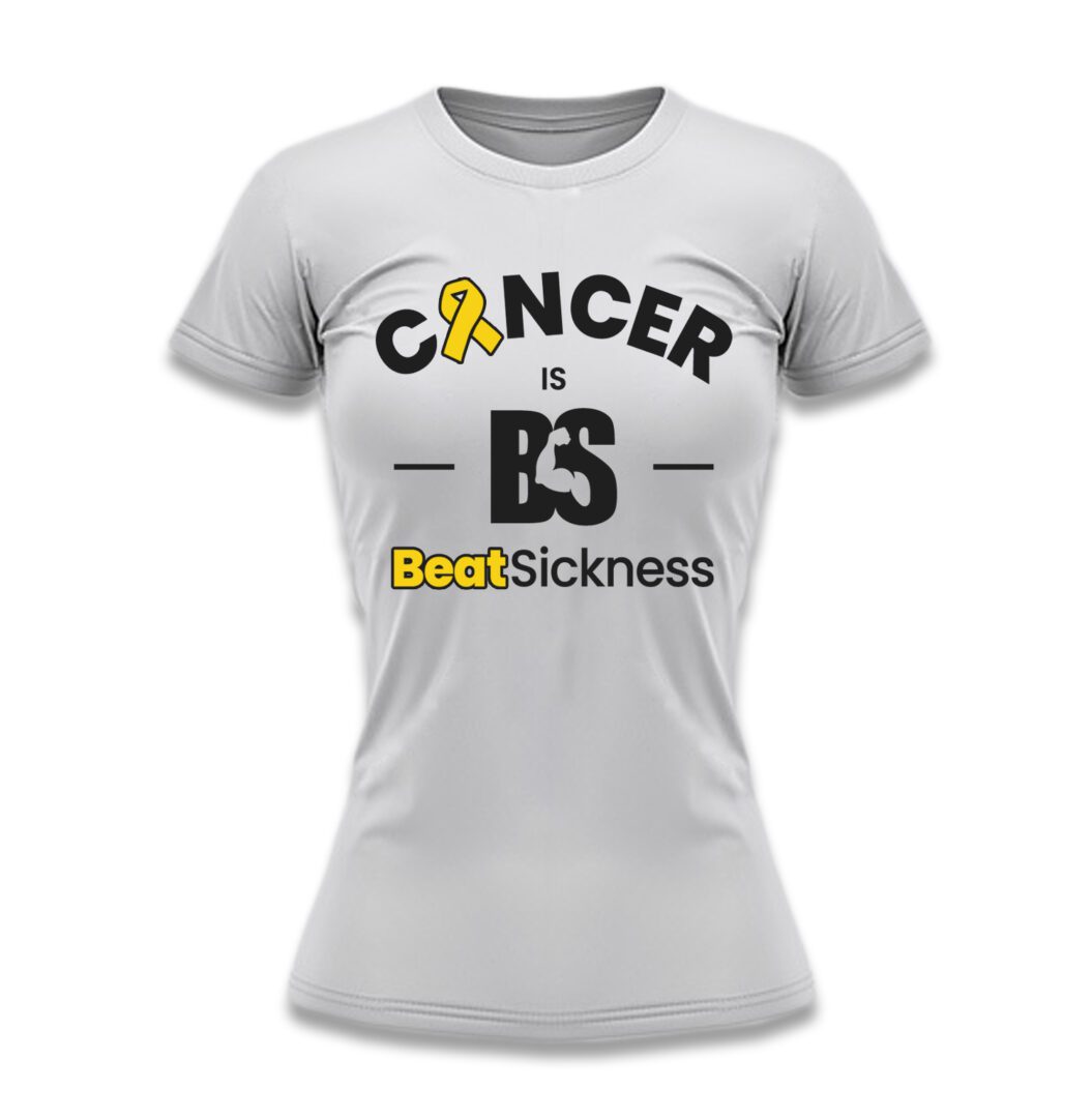 A white shirt with the words cancer is bs and a yellow ribbon.