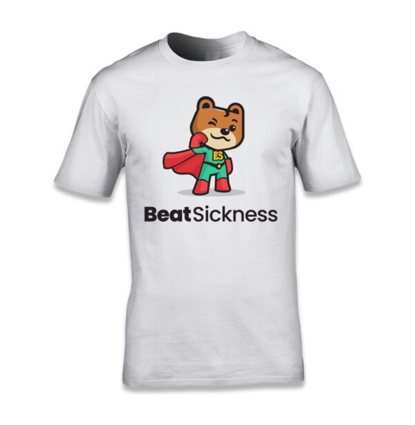 A white t-shirt with a cartoon bear holding a red ribbon.