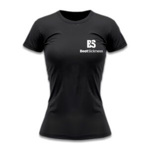 Black fitted t-shirt with a small white logo on the chest.