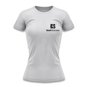 White fitted t-shirt with 'ES Beach & Sports' logo on chest.