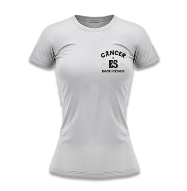 A white t-shirt with the words cancer is not available on it.