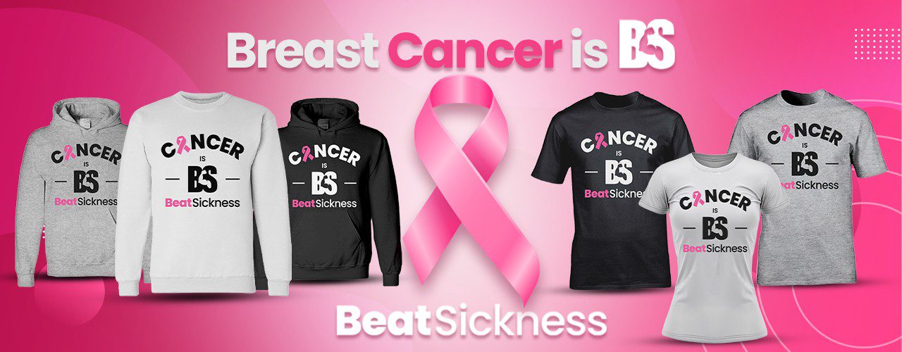 Breast cancer awareness apparel with pink ribbon and slogan Beat Sickness.