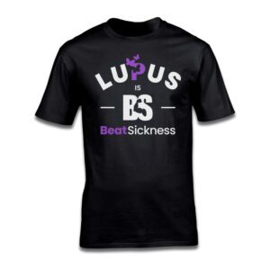 Black t-shirt with Lupus awareness design and purple ribbon.