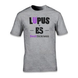 Gray T-shirt with Lupus Awareness design and purple ribbon symbol.