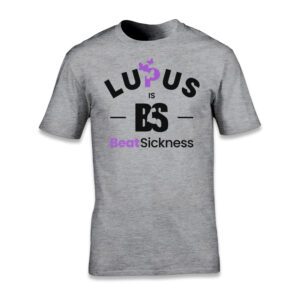 Gray T-shirt promoting lupus and sickle cell awareness with purple and black text.