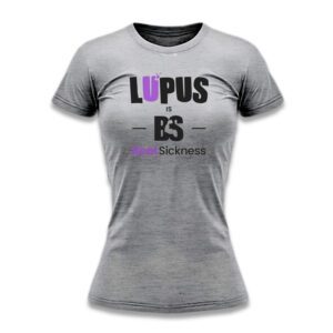 Gray t-shirt with Lupus awareness design and purple ribbon.