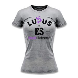 Gray t-shirt with Lupus awareness design and purple ribbon.