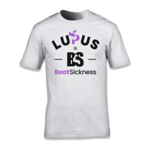 White t-shirt with Lupus Boot Sickness awareness design.