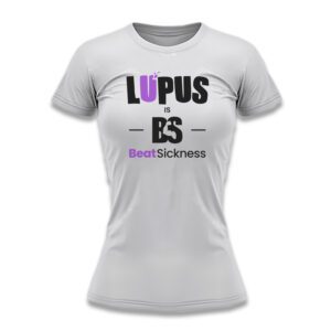 White T-shirt with Lupus awareness message in purple and black.