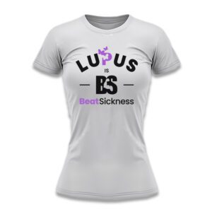 White t-shirt with Lupus awareness message and purple ribbon.
