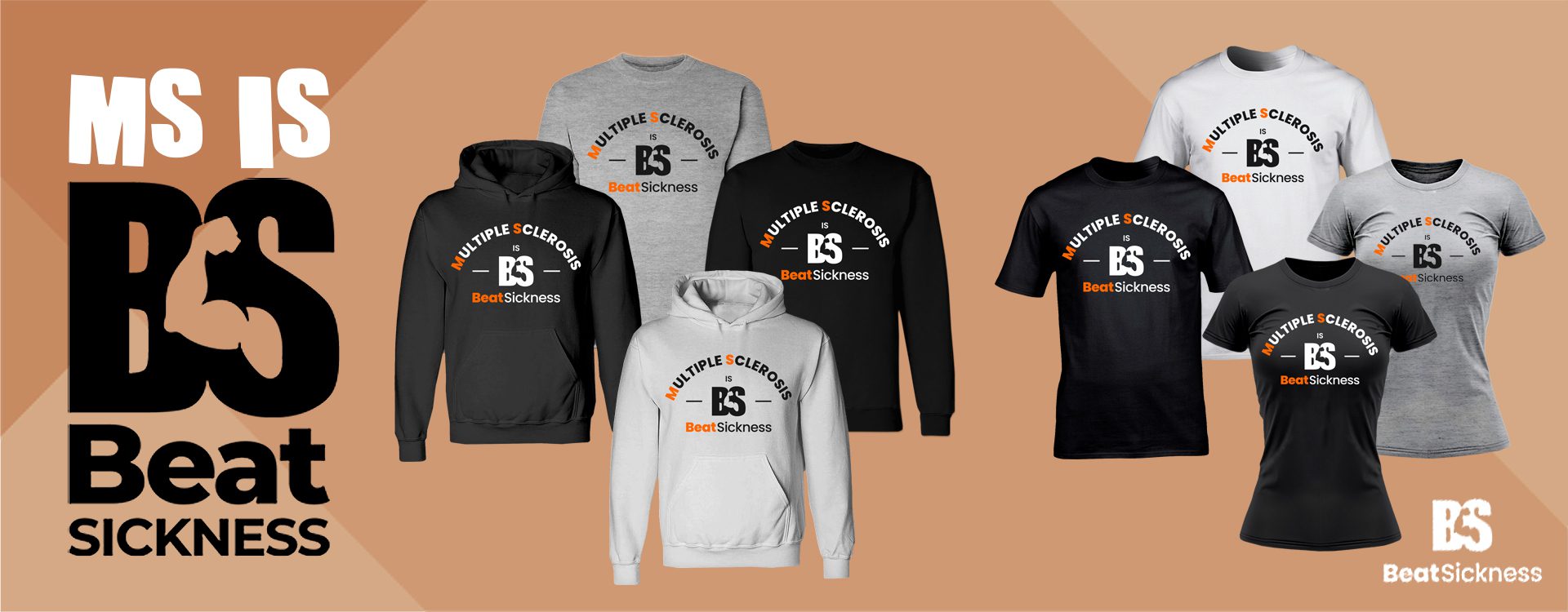 Variety of black, white, and gray hoodies and t-shirts with bold logo designs.
