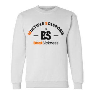 White sweatshirt with Multiple Sclerosis awareness design.