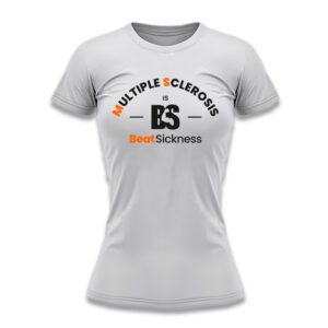 White fitted t-shirt with graphic text and logo design.